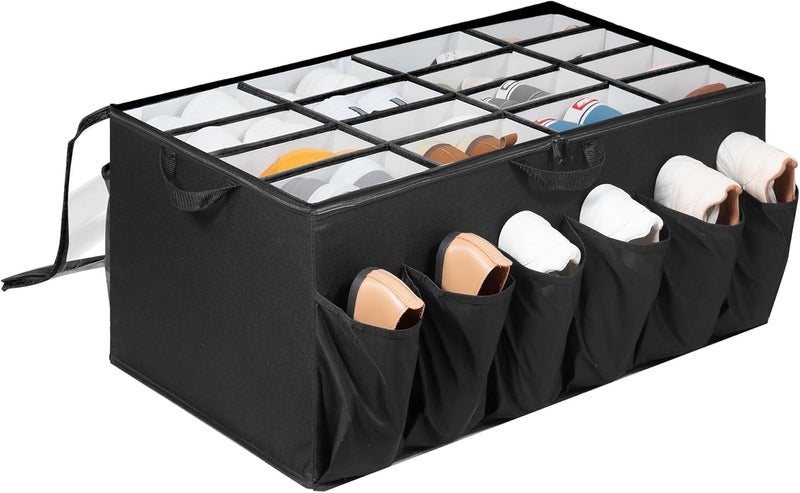 STORAGEIDEAS Shoe Organizer for Closet, Shoe Storage Solution with Clear Cover & Adjustable Dividers, Fabric Shoe Box Fits 16 +12 Pairs Shoes, Black, 1-Pack - Image 1